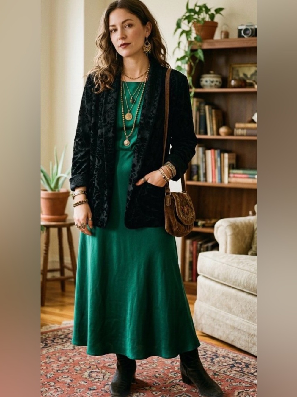 ⭐️Vintage black velvet open blazer with floral print (Another Thyme brand)